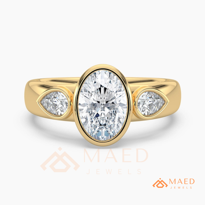 Bezel Set Oval Engagement Ring with Pear Side Stones in Silver, 14K Gold, & 14K Rose Gold