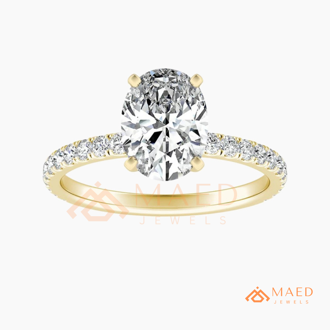Oval Cut Moissanite Engagement Ring in 14K Gold, Rose Gold & Sterling Silver | Pave Diamond Simulant Wedding Band