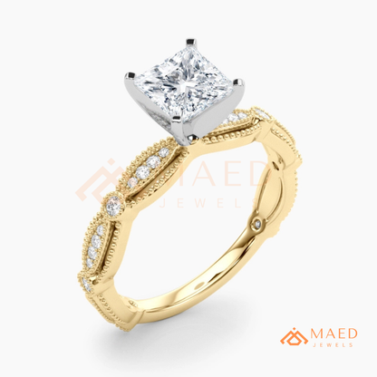 Princess Cut Vintage Engagement Ring in 14K Gold, Rose Gold & Silver | Antique Milgrain Pave Moissanite Ring for Women