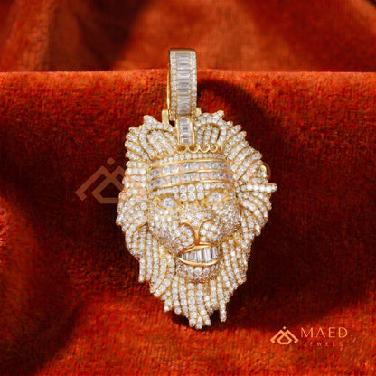 Iced Out King Lion Head Pendant – 14K Gold, Rose Gold & Silver Baguette Crown Hip Hop Charm