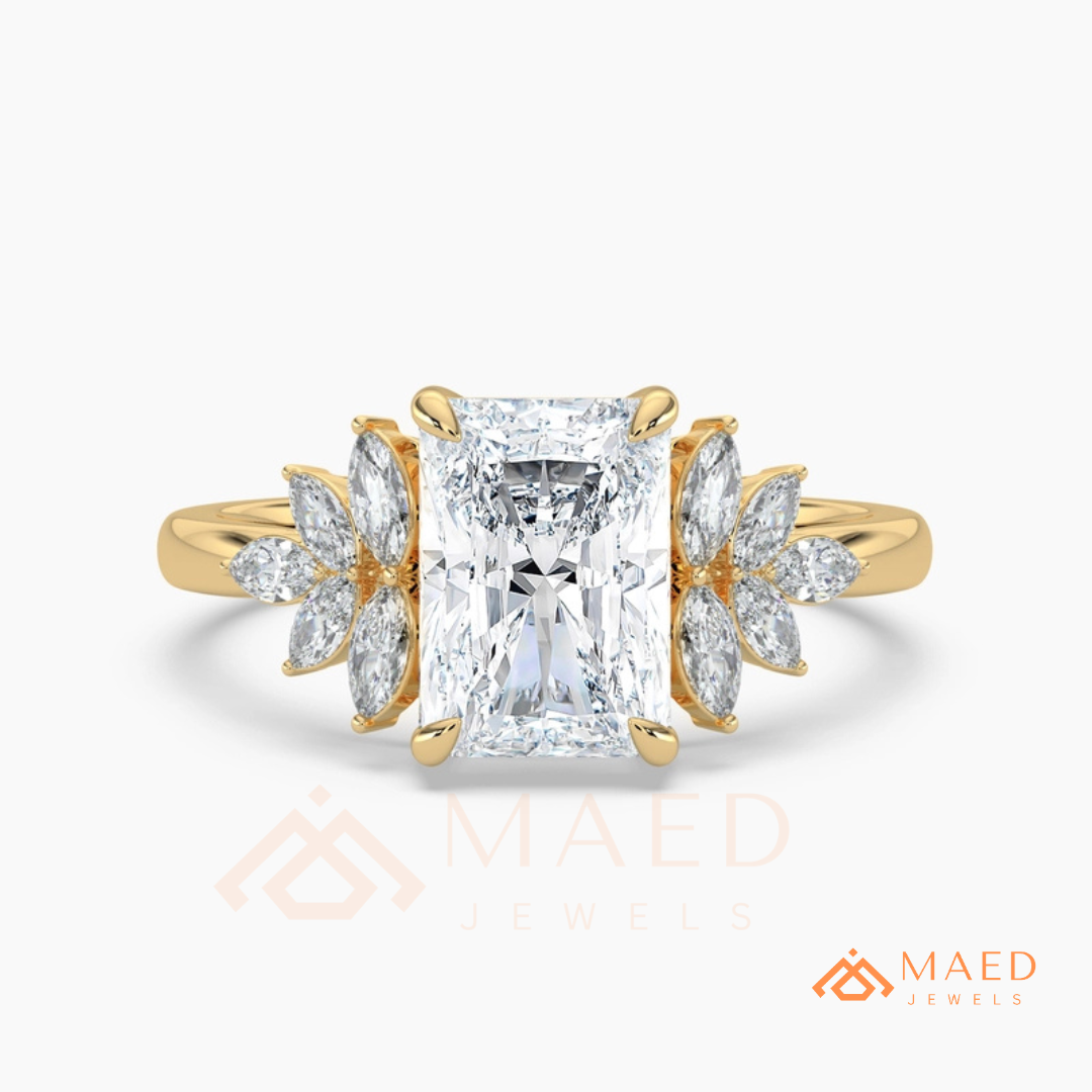 Radiant Cut Engagement Ring with Marquise Diamond Lotus Cluster in 14K Gold, Rose Gold & Silver