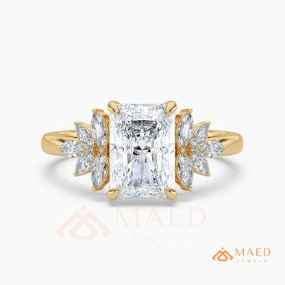 Radiant Cut Engagement Ring with Marquise Diamond Lotus Cluster in 14K Gold, Rose Gold & Silver