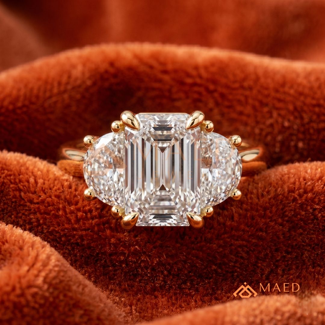 Emerald Cut Three Stone Engagement Ring | Half Moon Side Stones in 14K Gold & Silver