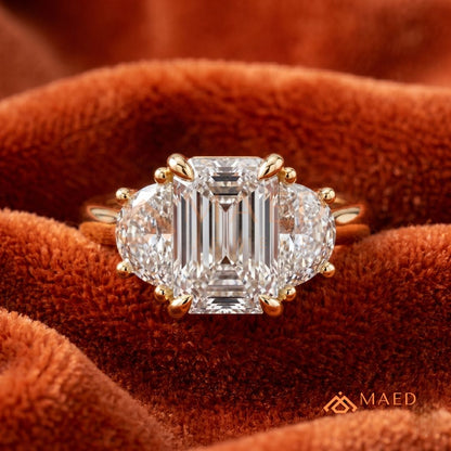 Emerald Cut Three Stone Engagement Ring | Half Moon Side Stones in 14K Gold & Silver