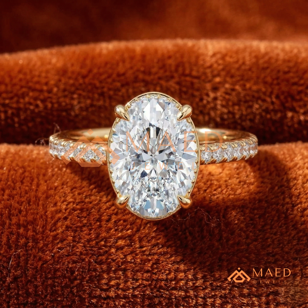 Oval Cut Hidden Halo Engagement Ring | Pavé Band in 14k Gold, Rose Gold & Silver