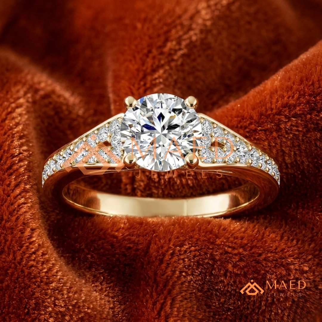 Round Cut Engagement Ring with Pavé Accents in 14K Gold, Rose Gold or Silver