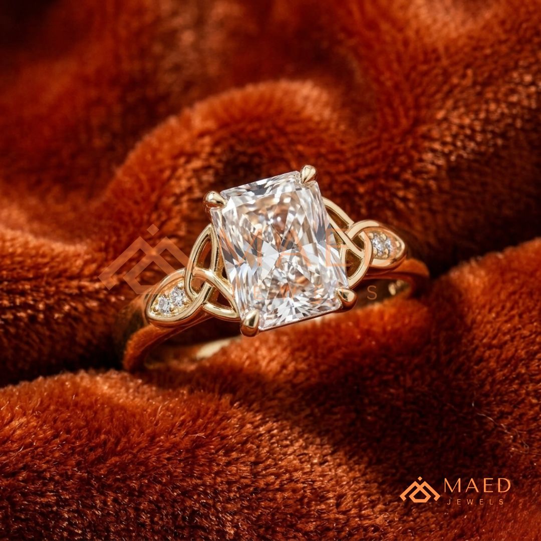 Radiant Cut 3-Stone Engagement Ring with Pear Side Gems & Pavé Band