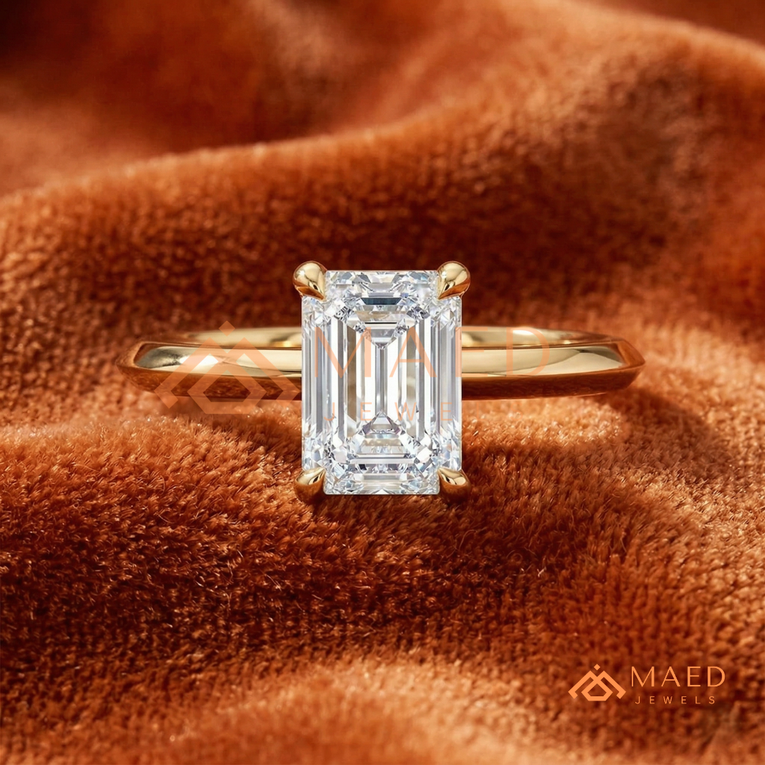 Classic Emerald Cut Solitaire Engagement Ring with Knife-Edge Band in Silver, 14K Gold & Rose Gold
