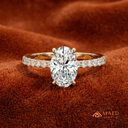 Oval Cut Engagement Ring with Pavé Band in Silver, 14K Gold, & 14K Rose Gold