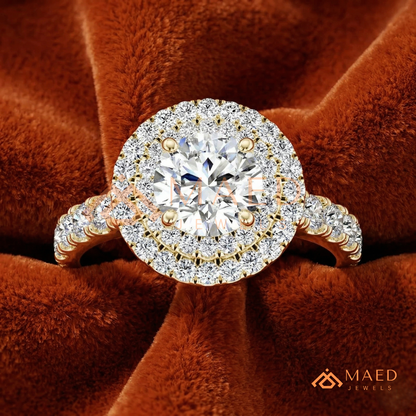 Double Halo Round Brilliant Engagement Ring with Pavé Band – Sterling Silver, 14K Gold, or 14K Rose Gold