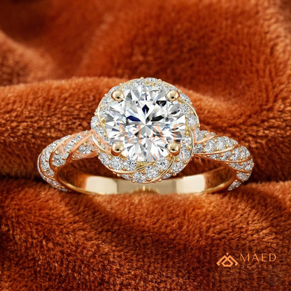 ound Cut Halo Twisted Band Promise Ring (Silver, 14K Yellow/Rose Gold)