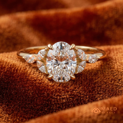 Oval Cut Marquise Cluster Engagement Ring | Nature Inspired Floral Wedding Ring | 14K Gold, Rose Gold & Sterling Silver