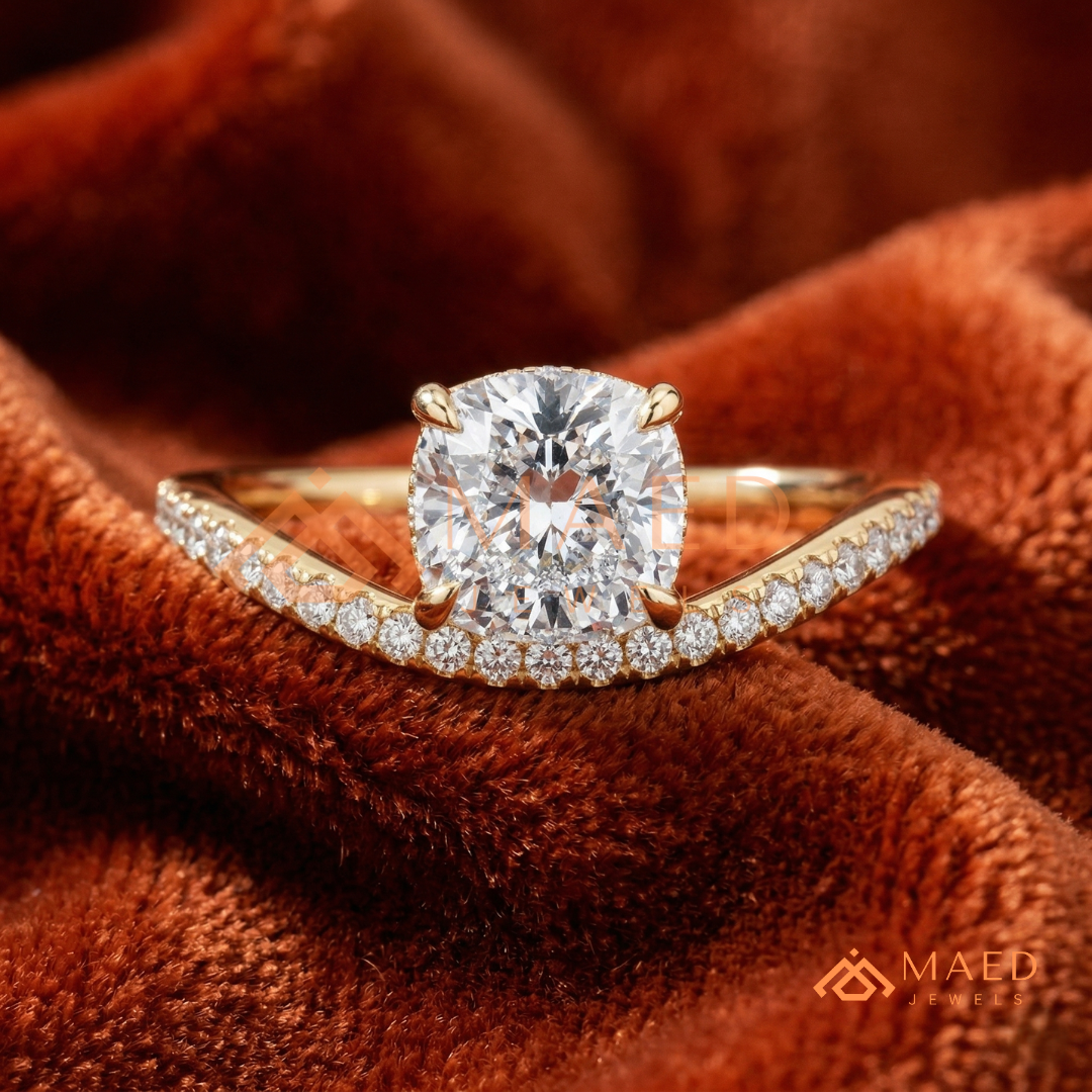 Cushion Cut Moissanite Chevron Engagement Ring, Curved Pavé Diamond Wishbone Wedding Ring in Silver, 14K Gold & Rose Gold