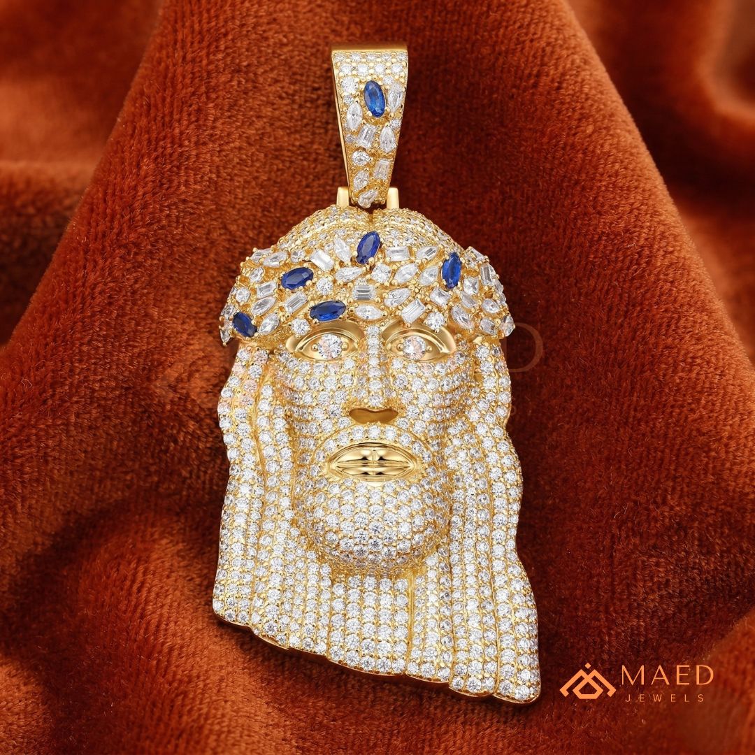 Iced Out Jesus Head Piece with Blue Sapphires | Silver, 14K Yellow & Rose Gold