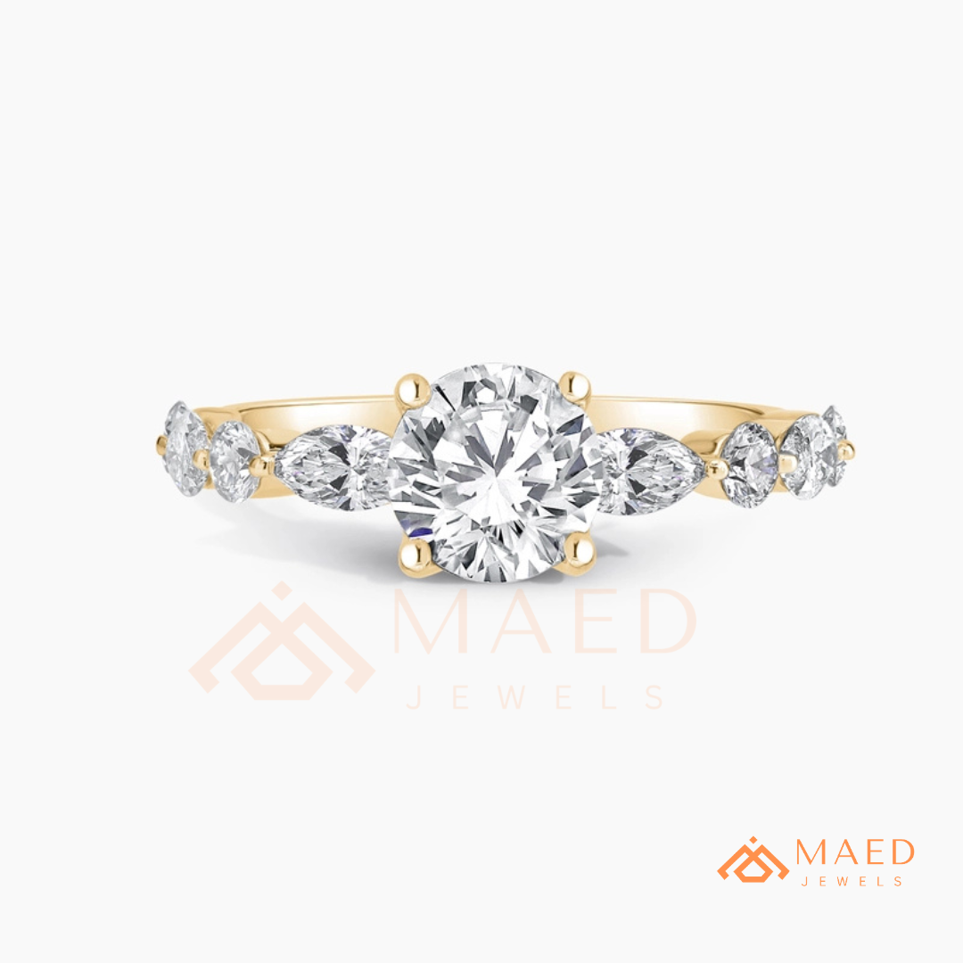 Round Cut Engagement Ring with Marquise Accents in Sterling Silver, 14K Gold & 14K Rose Gold