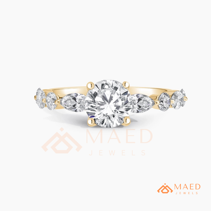 Round Cut Engagement Ring with Marquise Accents in Sterling Silver, 14K Gold & 14K Rose Gold