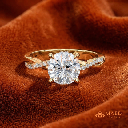 Round Cut Engagement Ring with Twisted Pavé Band in Silver, 14K Gold, & 14K Rose Gold