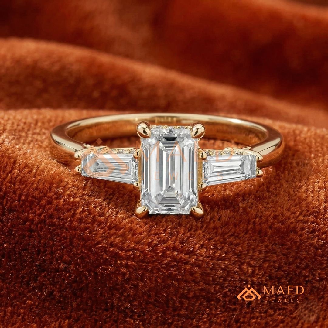Emerald Cut Three-Stone Engagement Ring with Tapered Baguettes in Silver, 14K Gold, & 14K Rose Gold