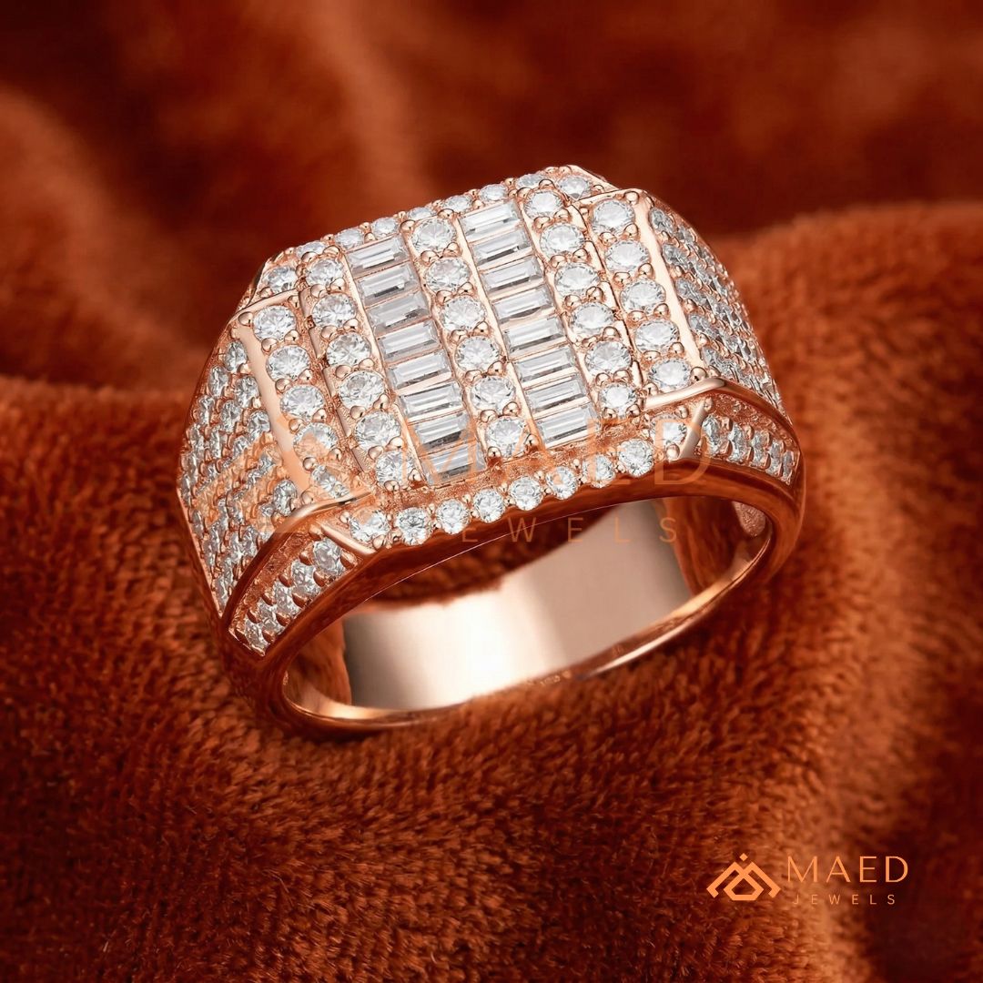 Men's Alternating Baguette & Pave Diamond Ring | Silver, 14K Gold & Rose Gold