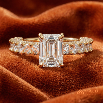 Emerald Cut Engagement Ring with Large Round Accent Band in Silver, 14K Gold, & 14K Rose Gold