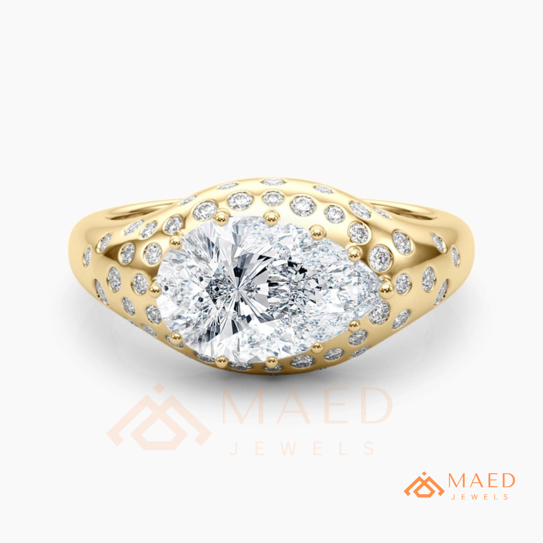 East-West Pear Cut Engagement Ring | Flush Setting Pave Dome Band in 14K Gold, Rose Gold & Silver