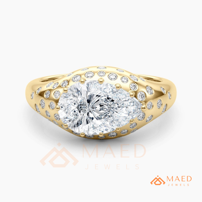 East-West Pear Cut Engagement Ring | Flush Setting Pave Dome Band in 14K Gold, Rose Gold & Silver