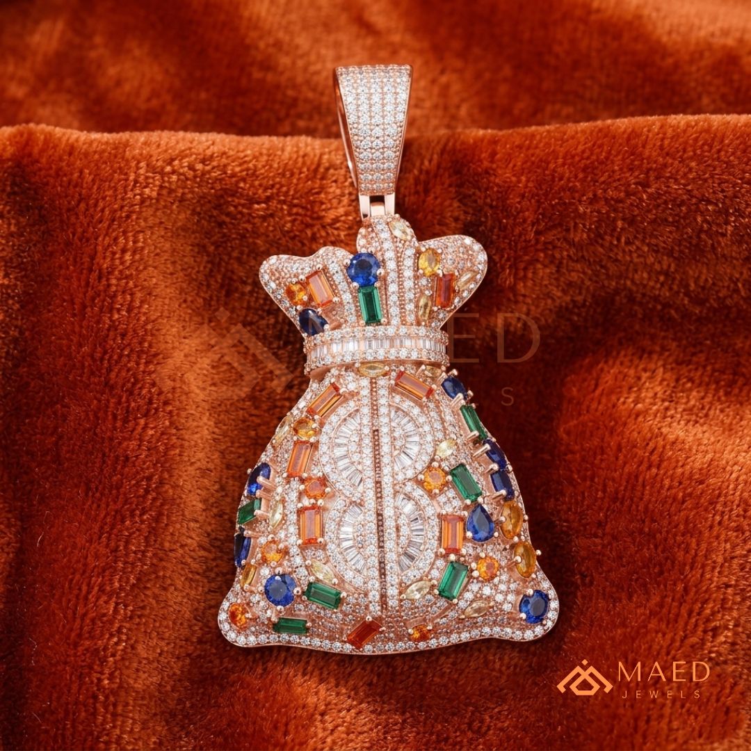 The Billionaire Sack Pendant | Multi-Color Gemstone Iced Dollar Sign Necklace