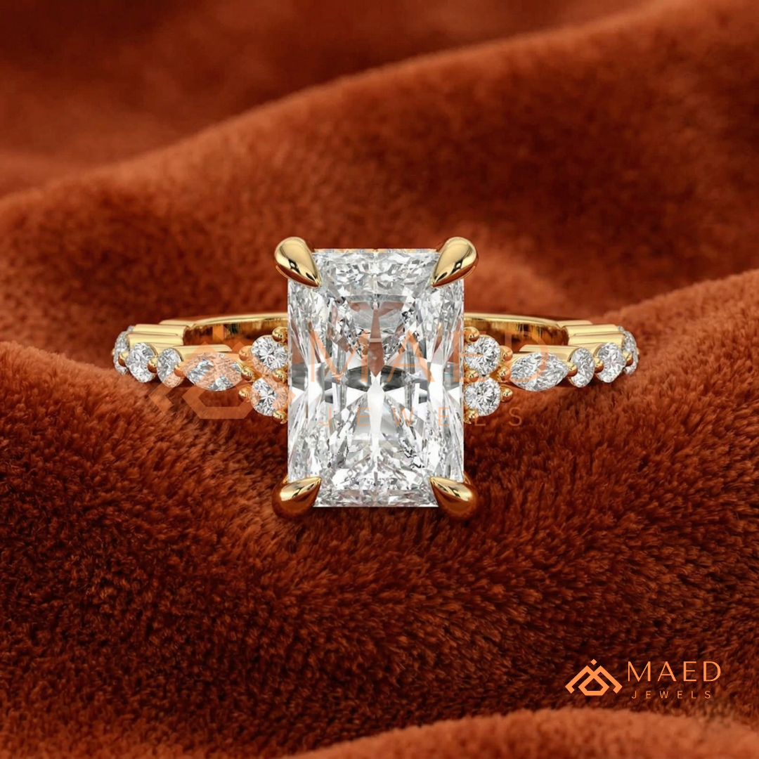 Radiant Cut Engagement Ring | Marquise & Round Cluster Band in 14K Gold, Rose Gold & Sterling Silver