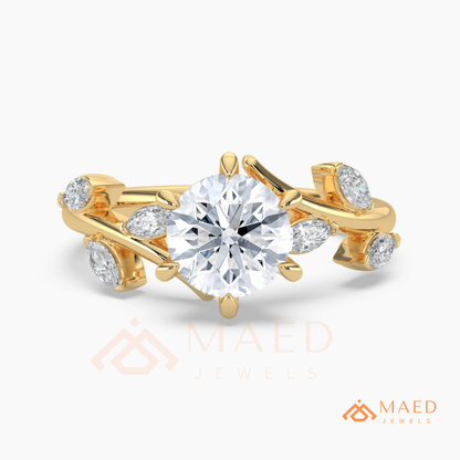 Nature Inspired Round Moissanite Engagement Ring, 6-Prong Marquise Leaf Twig Wedding Ring in Silver, 14K Gold & Rose Gold
