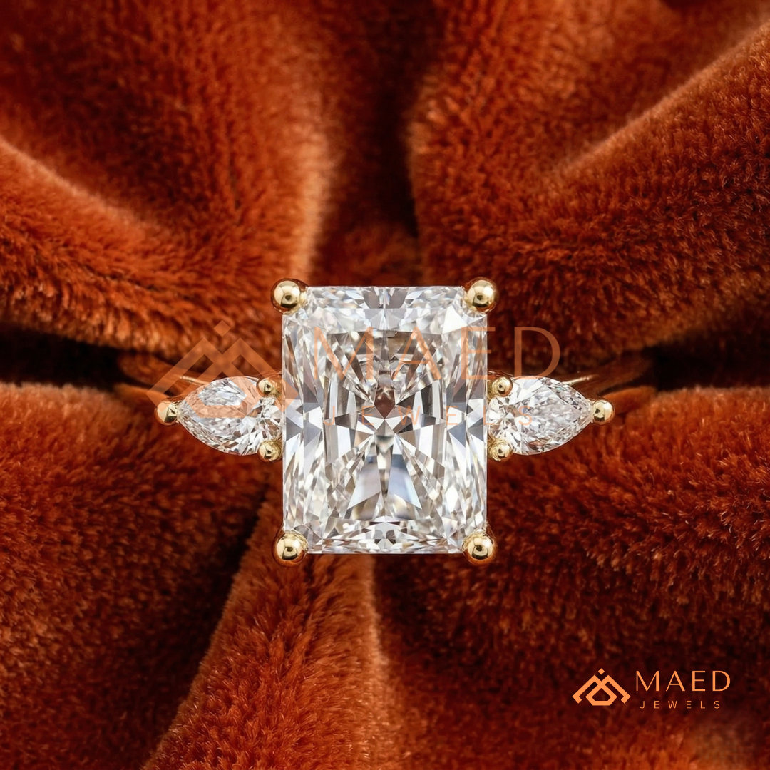 Radiant Cut Engagement Ring with Pear Side Stones | 14k Gold, Rose Gold & Silver