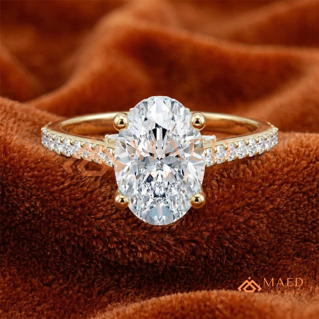 Oval Cut Engagement Ring with Pavé Diamond Band in 14K Gold, Rose Gold & Silver