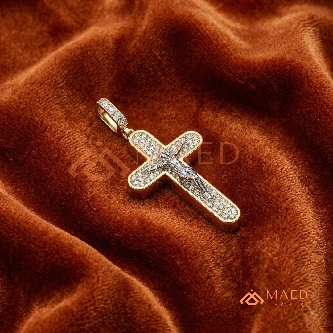 Heavy Micro Pavé Jesus Christ Cross Charm – Dual-Tone Statement Pendant