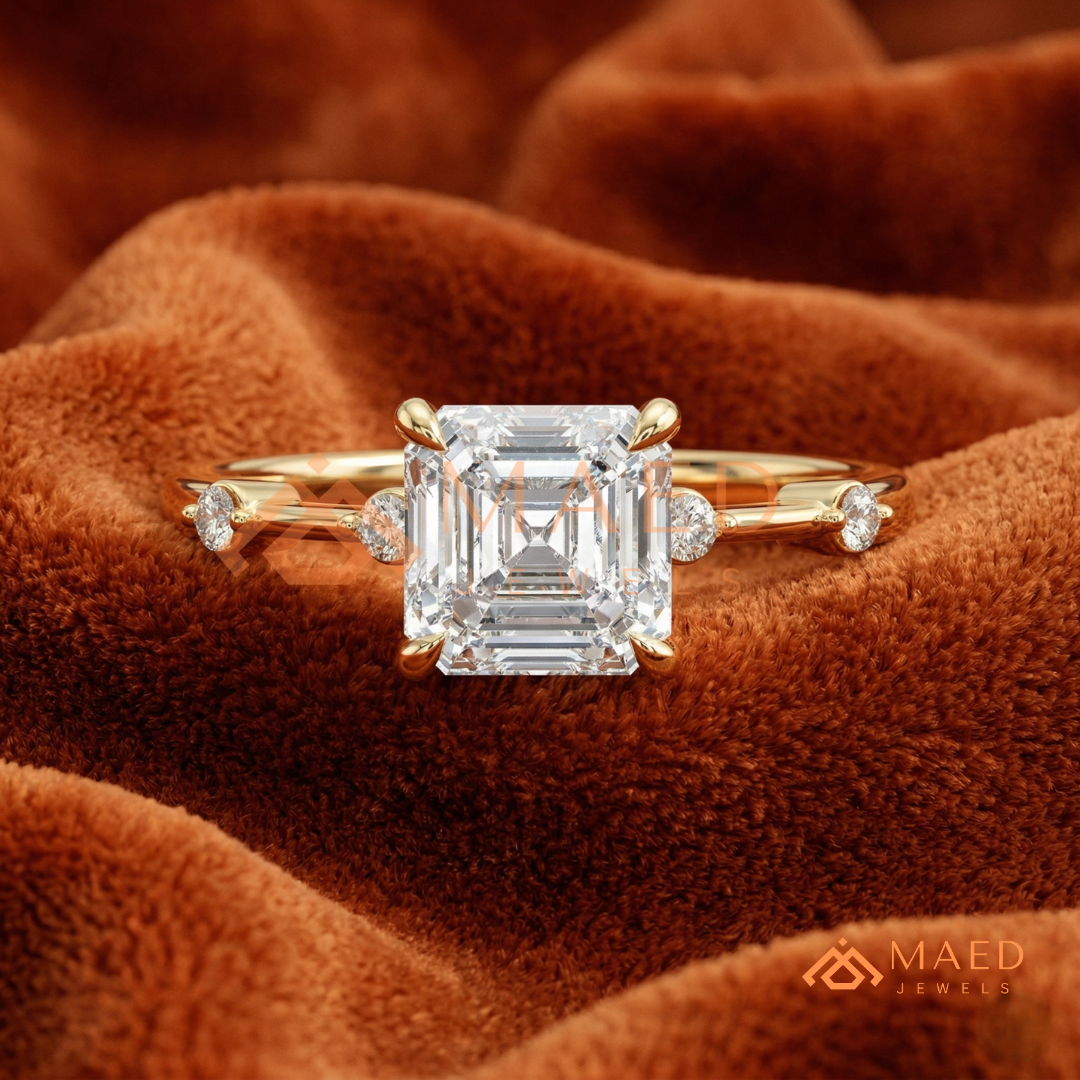 Asscher Cut Engagement Ring with Accent Stones | Vintage Art Deco Promise Ring | 14K Gold, Rose Gold & Sterling Silver