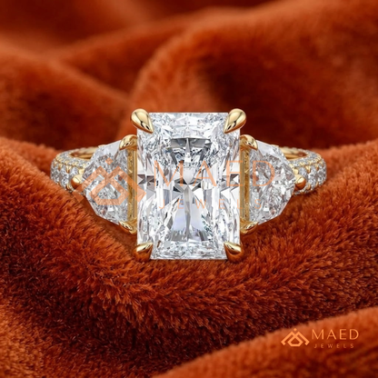 Classic Radiant Cut Three-Stone Engagement Ring with Half-Moon Side Stones in Silver, 14K Gold & Rose Gold