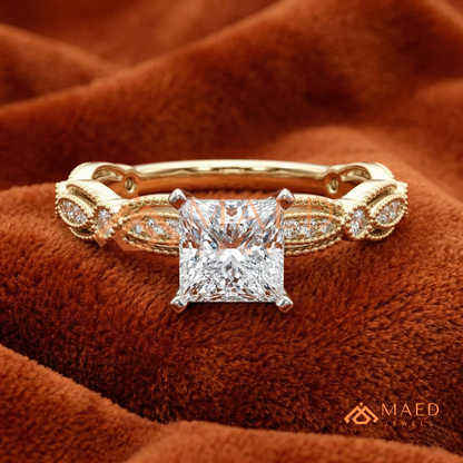 Princess Cut Vintage Engagement Ring in 14K Gold, Rose Gold & Silver | Antique Milgrain Pave Moissanite Ring for Women