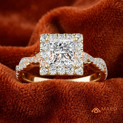 Infinity Twist Princess Cut [Gemstone Type] Halo Ring in 14K Yellow Gold, Rose Gold & Silver