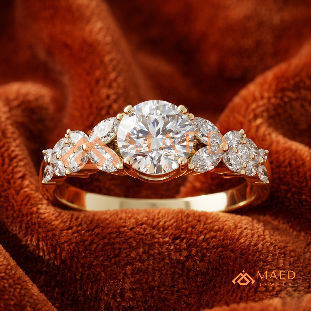 Botanical Marquise Cluster Engagement Ring with Round Center Stone