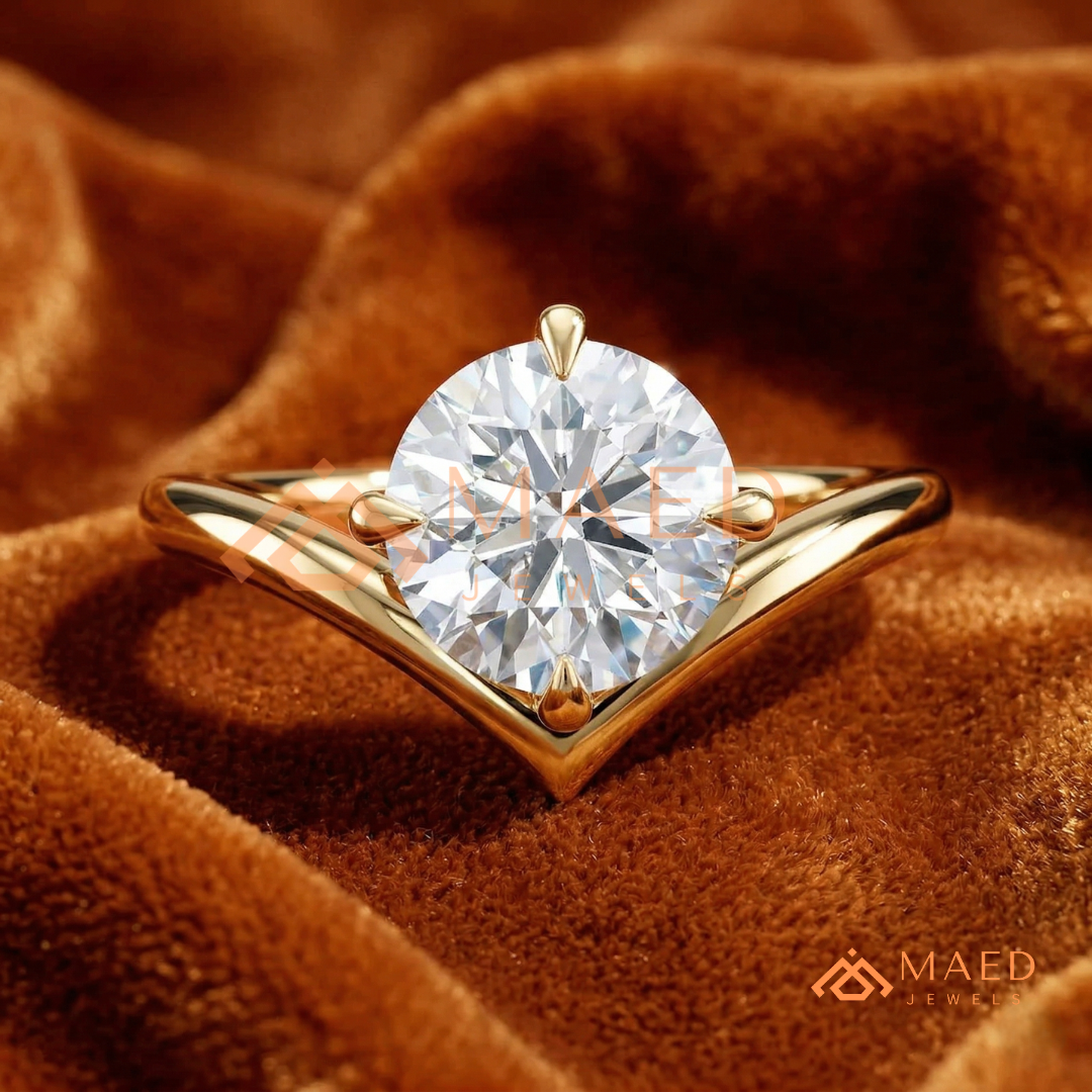 Round Cut Chevron Engagement Ring | V-Shaped Band Solitaire in Silver, 14K Gold, & 14K Rose Gold