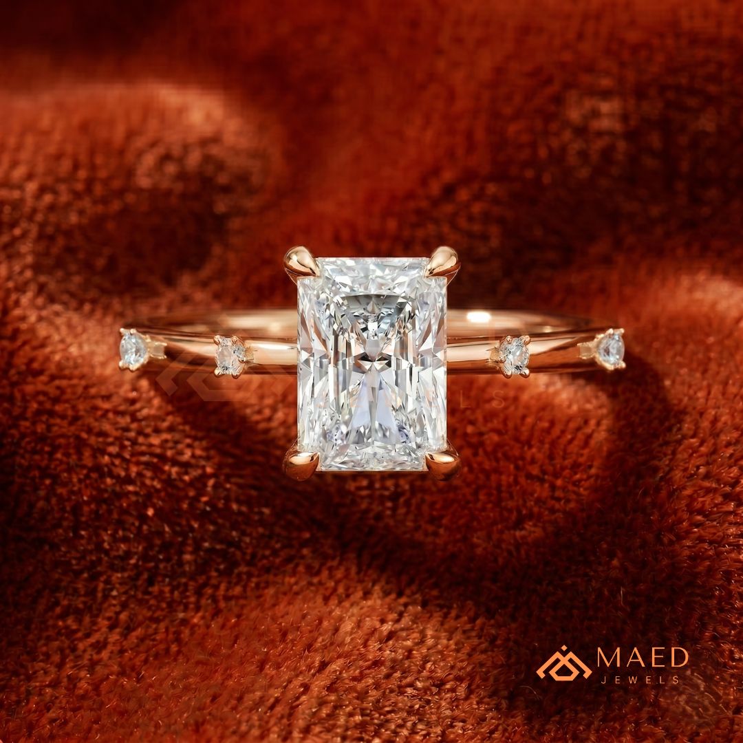 Radiant Cut Solitaire Engagement Ring with Dotted Accent Band