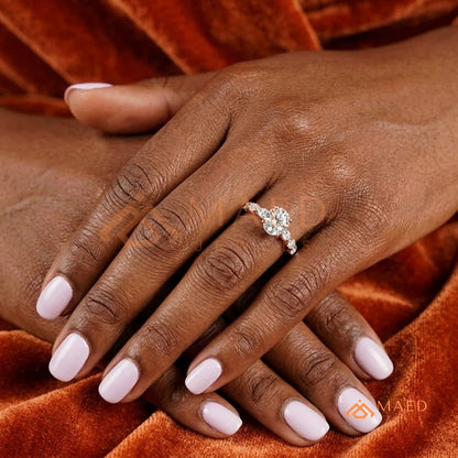 Oval Cut Engagement Ring with Large Round Accent Band | 14K Gold & Silver Shared Prong