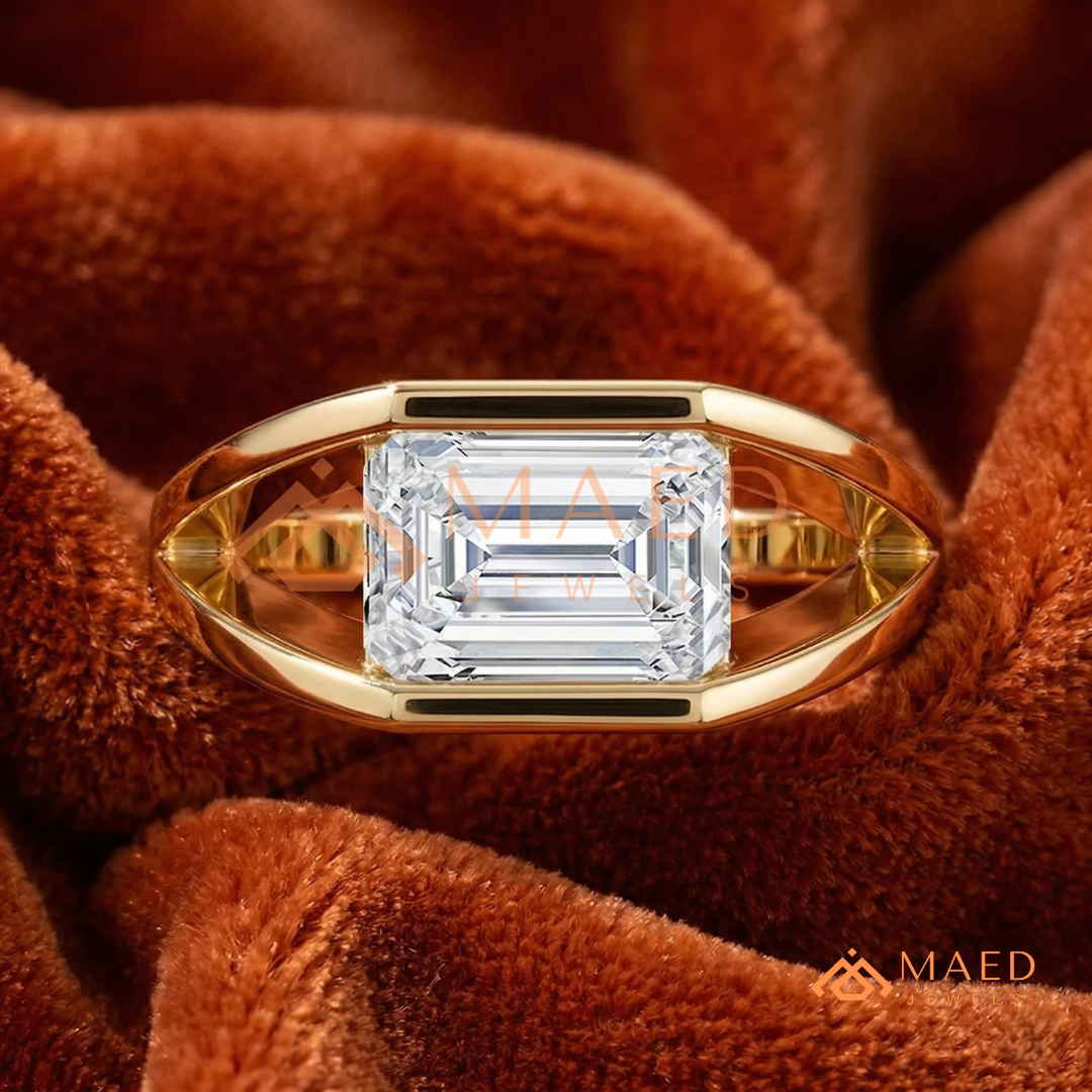 East West Emerald Cut Engagement Ring | Modern Architectural Bezel Ring | 14K Gold, Rose Gold & Sterling Silver