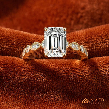 merald Cut Diamond Simulant Vintage Milgrain Ring (14k Gold & Sterling Silver)