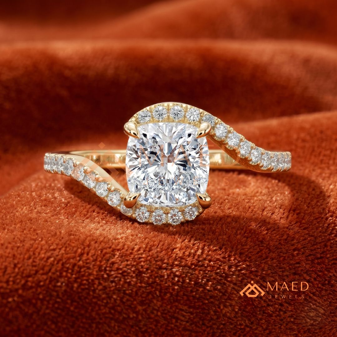 Cushion Cut Moissanite Bypass Halo Engagement Ring in Sterling Silver, 14K White Gold & Rose Gold | Criss Cross Diamond Simulant Wedding Ring