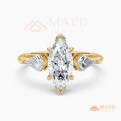 Marquise Cut Three Stone Ring with Kite Side Diamonds | 14k Gold, Rose Gold & Silver