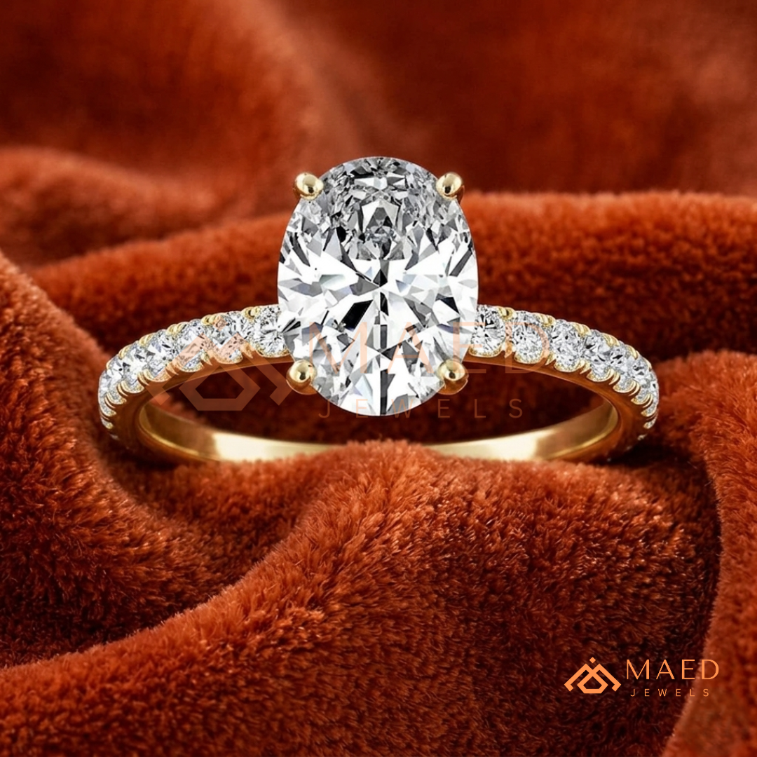 Oval Cut Moissanite Engagement Ring in 14K Gold, Rose Gold & Sterling Silver | Pave Diamond Simulant Wedding Band