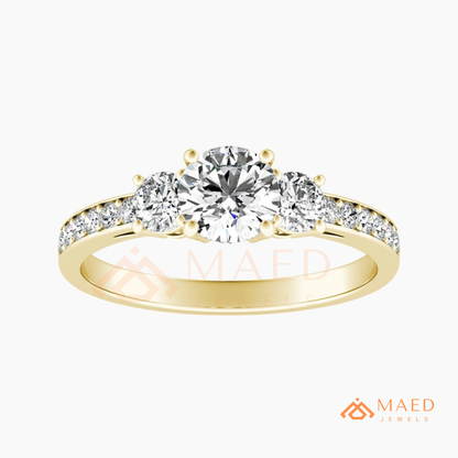 Round Cut 3-Stone Engagement Ring in 14K Gold, Rose Gold & Silver | Classic Three Stone Pave Moissanite Ring for Women