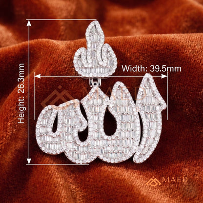 Iced Out Baguette Allah Calligraphy Pendant – 14K Gold, Rose Gold & Silver Religious Hip Hop Charm