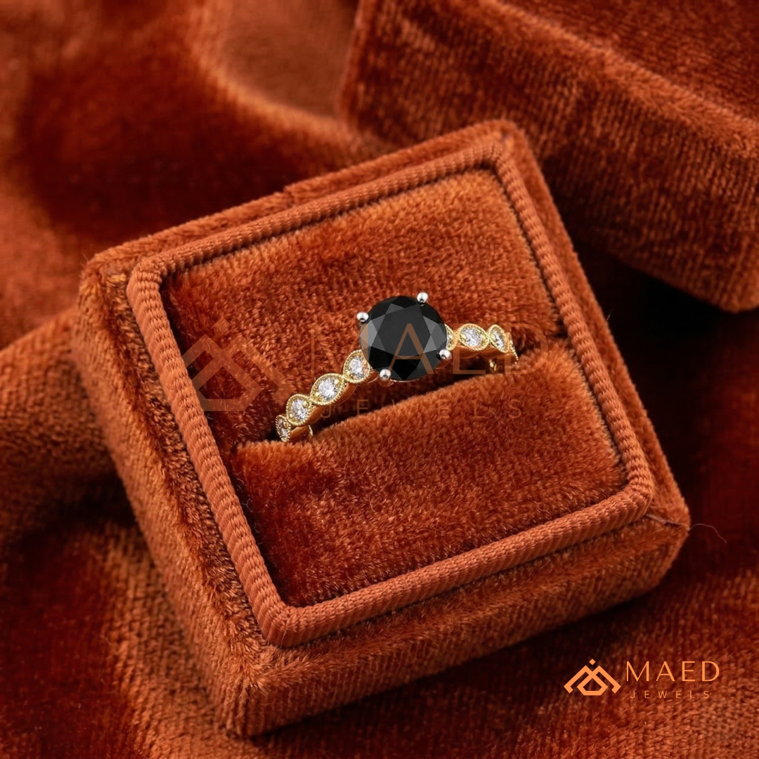 Art Deco Black Stone Ring with Milgrain Marquise Band – Silver, 14K Yellow & Rose Gold