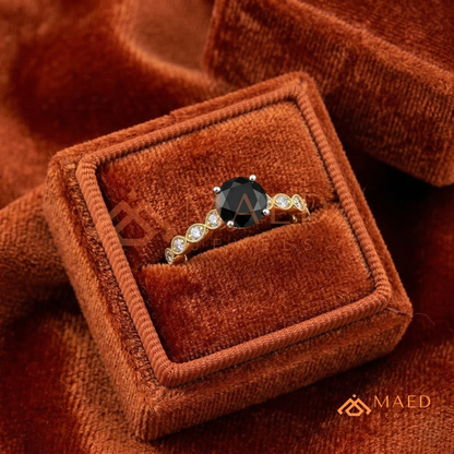 Art Deco Black Stone Ring with Milgrain Marquise Band – Silver, 14K Yellow & Rose Gold