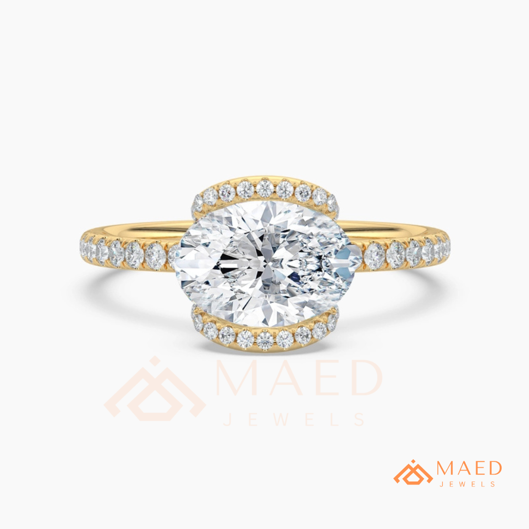 East-West Oval Cut Partial Halo Engagement Ring | 14k Gold, Rose Gold & Sterling Silver Shimmering Accented Band